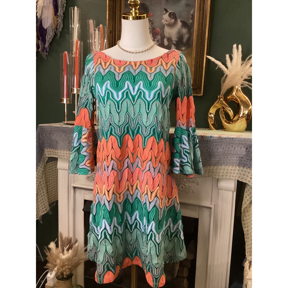 Judith March Green Orange Chevron Crochet Lace Bell Sleeve Open Back Dress S